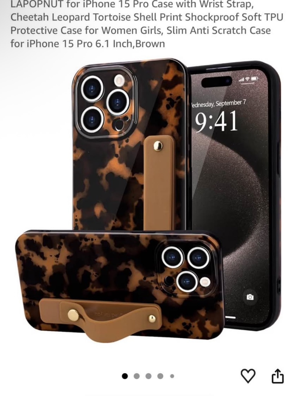 Tortoise Brown iPhone 15 Pro phone Case with Wrist Strap